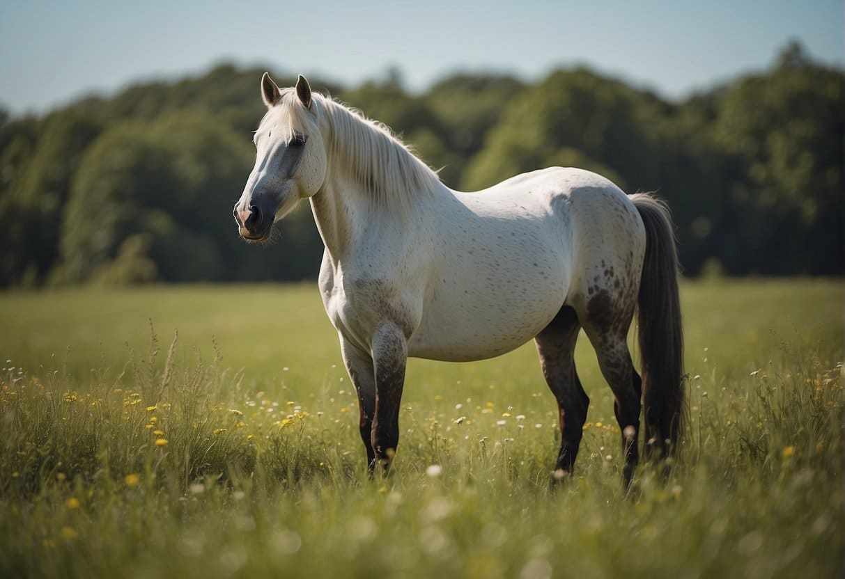 A horse standing in a peaceful pasture, surrounded by lush green grass and a clear blue sky, with a sense of tranquility and contentment in the air