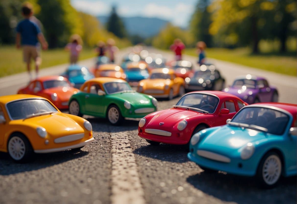 A group of colorful electric toy cars racing on a track, surrounded by excited children and adults cheering them on