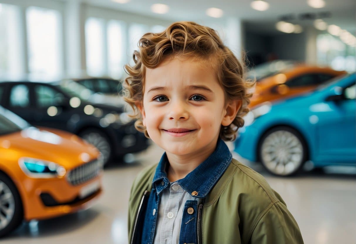 A child choosing the best electric car from a selection of different models, with colorful and playful designs, in a bright and spacious showroom