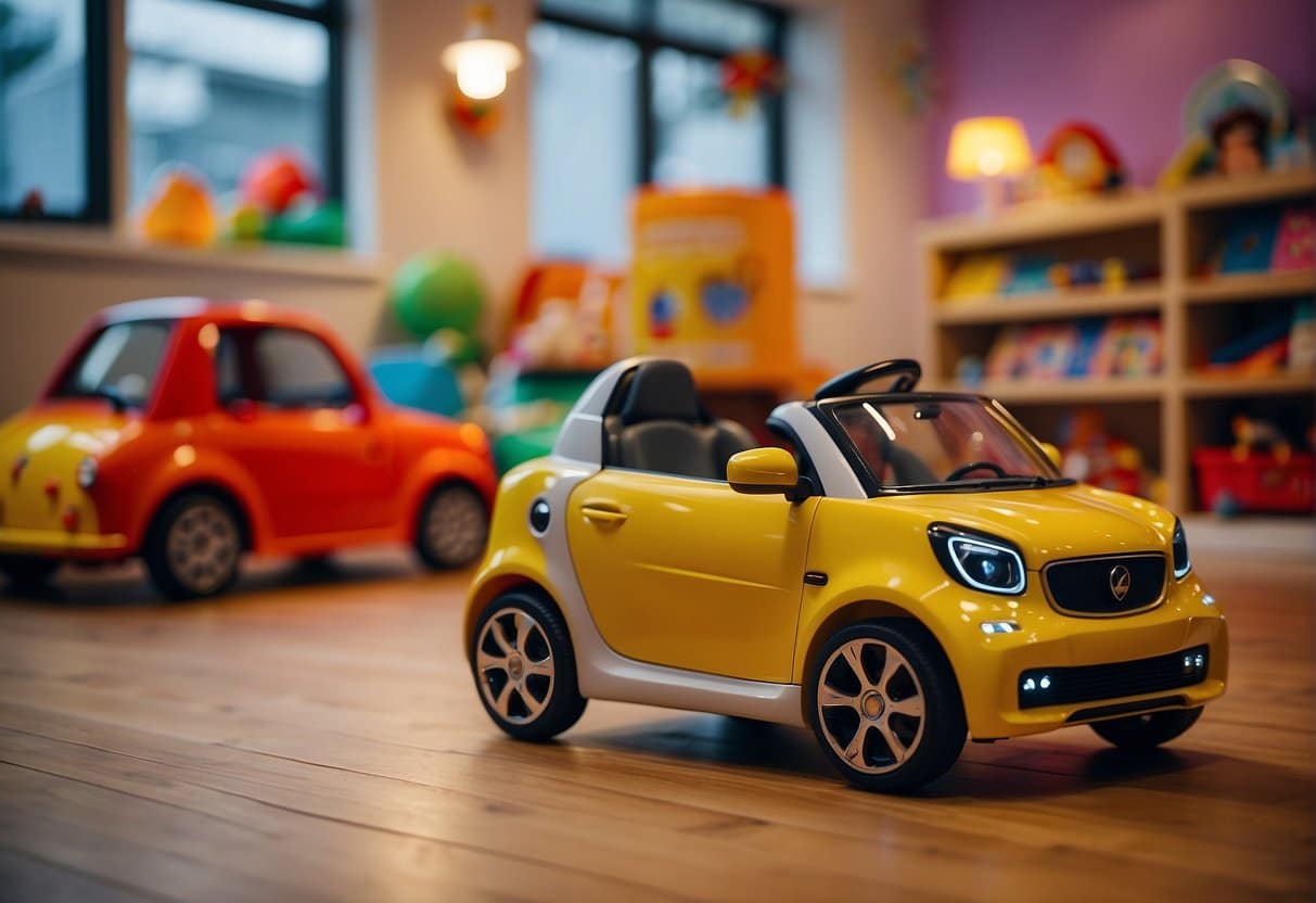 A child-sized electric car parked in a colorful playroom, surrounded by toys and children's books