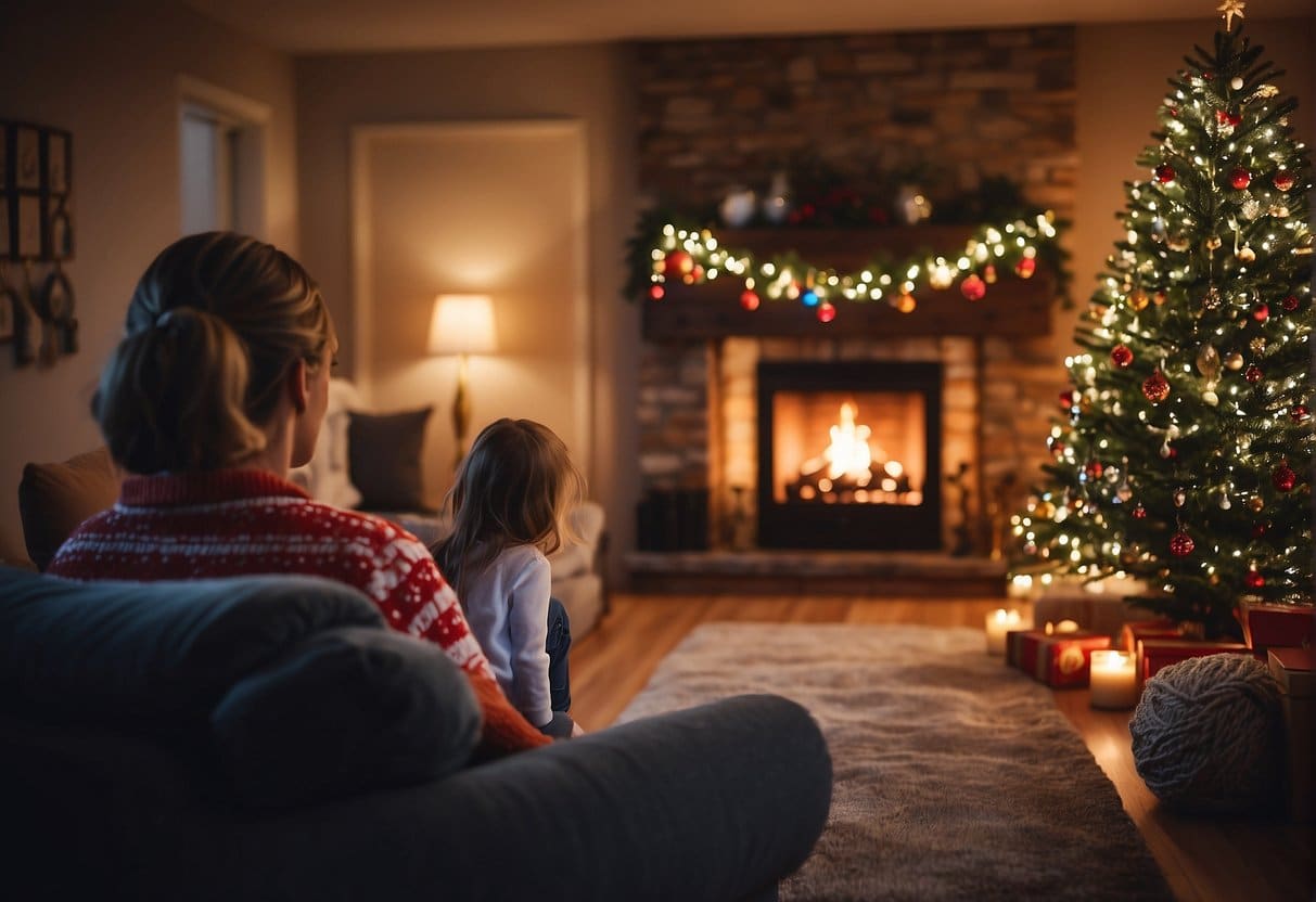 Cozy home with Christmas decorations, warm lighting, and a flickering fireplace. Snow falling outside the window. Family-friendly Christmas movie playing on the TV