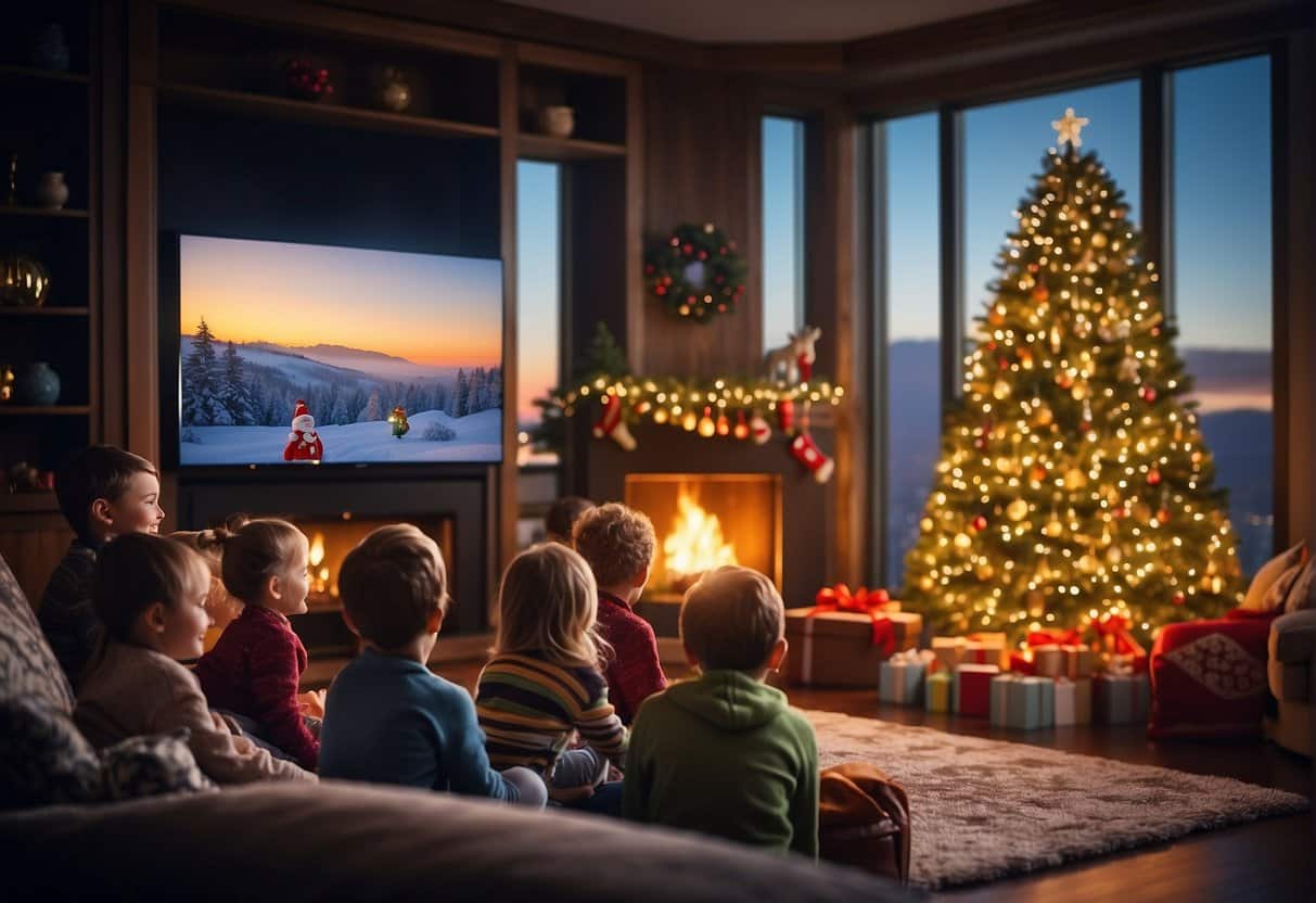 A cozy living room with a glowing fireplace, a Christmas tree adorned with colorful ornaments, and a group of happy children watching a classic holiday movie on a big screen