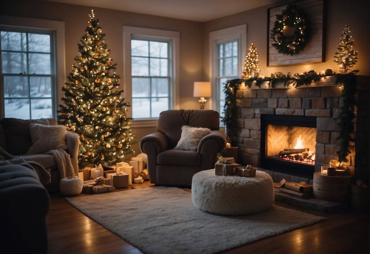 A cozy living room with a crackling fireplace, a beautifully decorated Christmas tree, and a pile of presents surrounded by happy children and playful pets