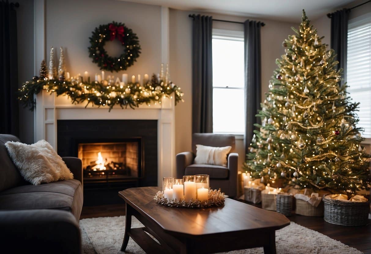 A cozy living room with a crackling fireplace, a beautifully decorated Christmas tree, and a table set for a festive holiday meal