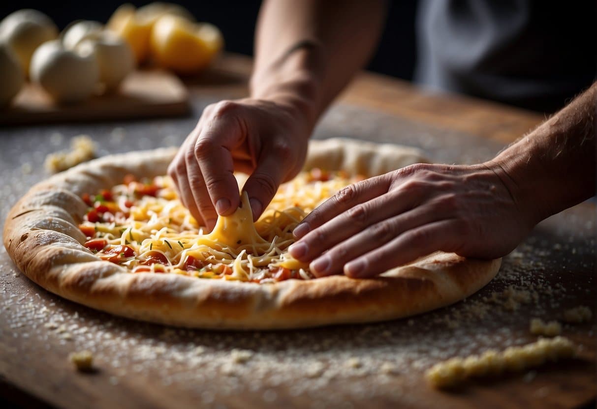 A hand sprinkles a perfect amount of cheese onto a freshly rolled out pizza dough, ready to be baked to perfection