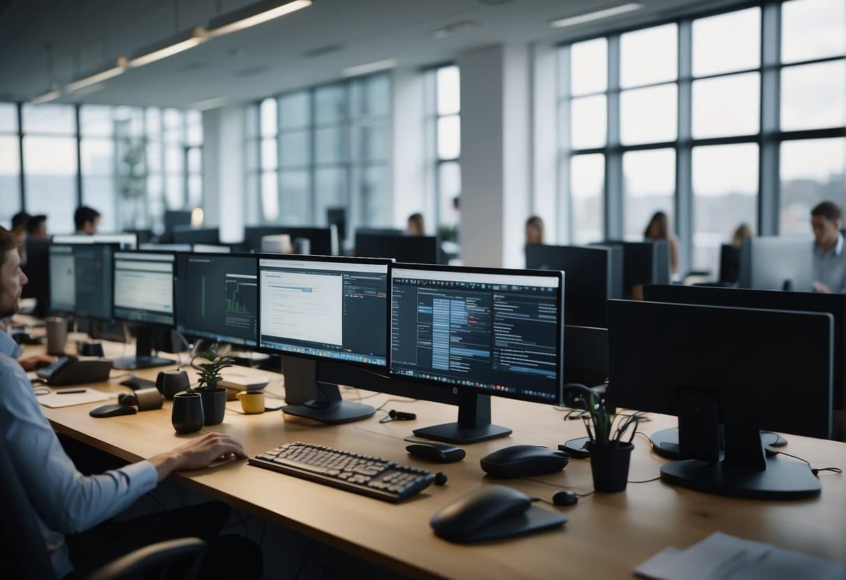 A bustling office with people working at desks, a prominent "Virksomheder Bedste Jobportal" logo on a computer screen, and a sense of productivity and collaboration in the air