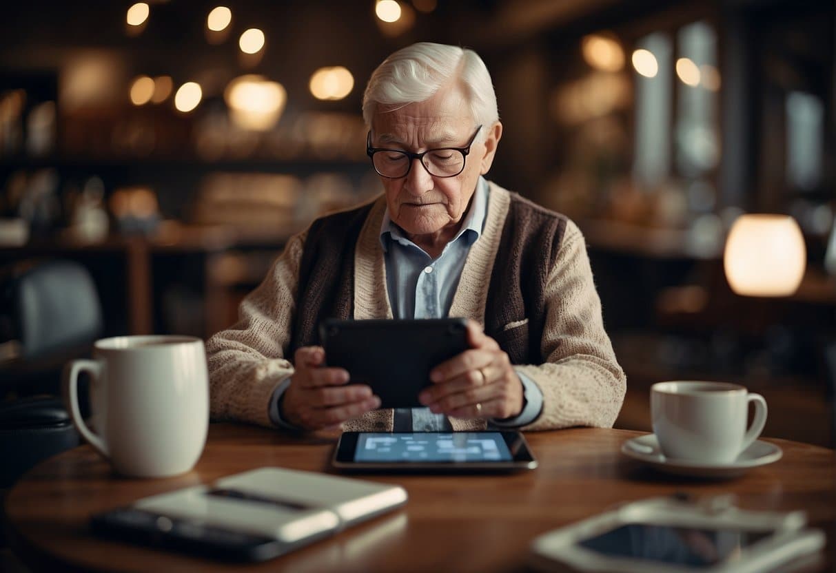 An elderly person using a tablet, smiling and engaged in an activity, with a sense of satisfaction and value for their money