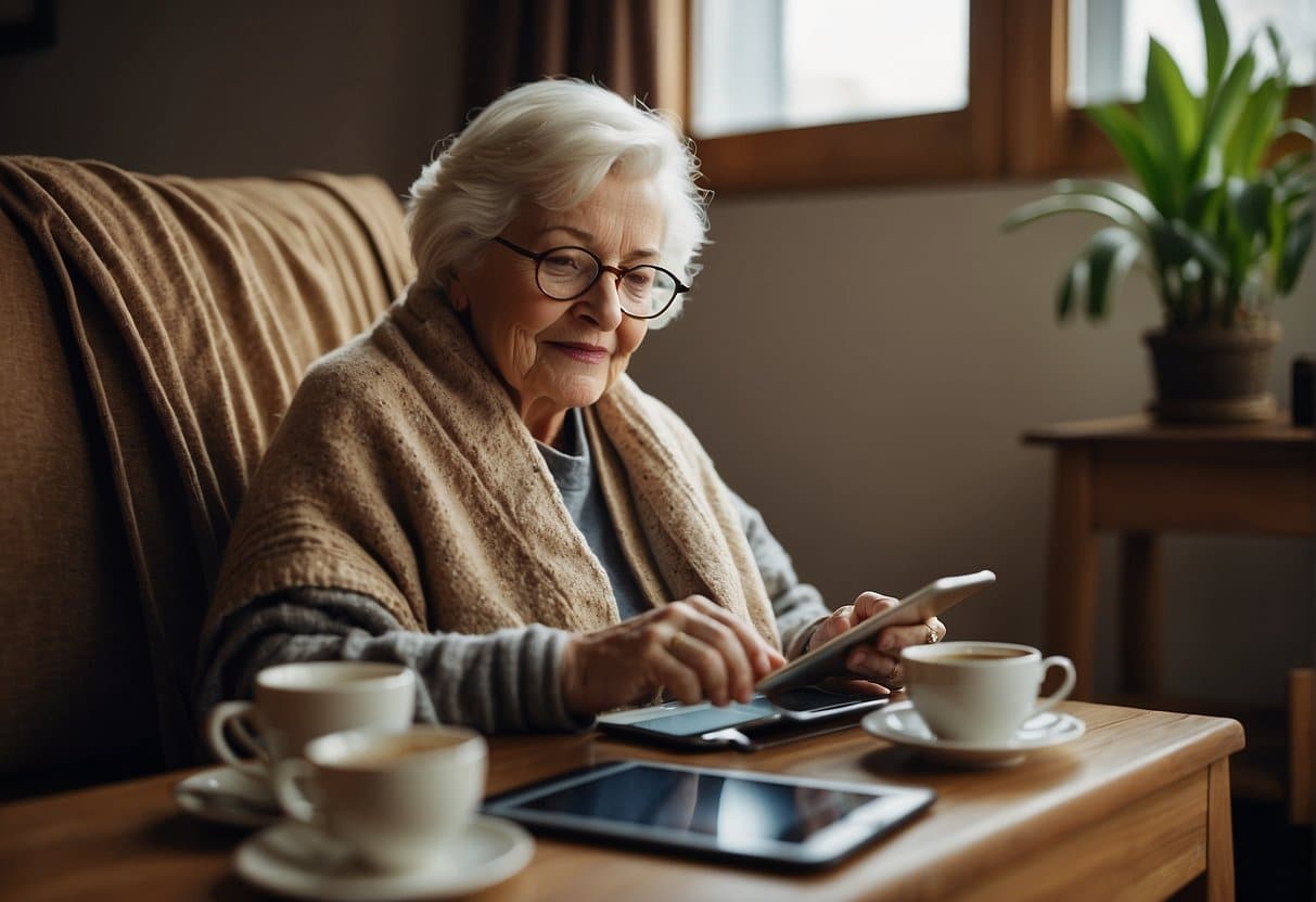 Elderly person using a tablet in a cozy living room with a warm blanket and a cup of tea on a side table