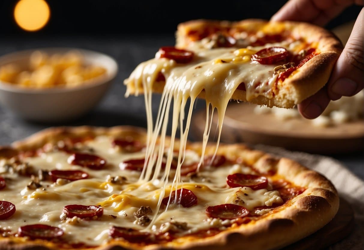 A pizza being topped with the best cheese, with a golden crust and bubbling cheese, ready to be baked