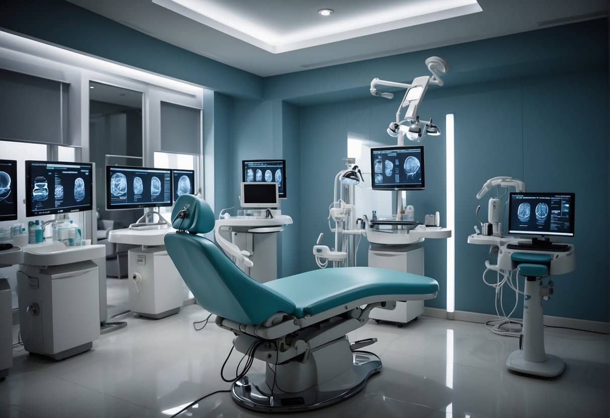 A balding man in a chair, receiving a hair transplant in a clinic in Turkey. Surgeons and medical equipment surround him