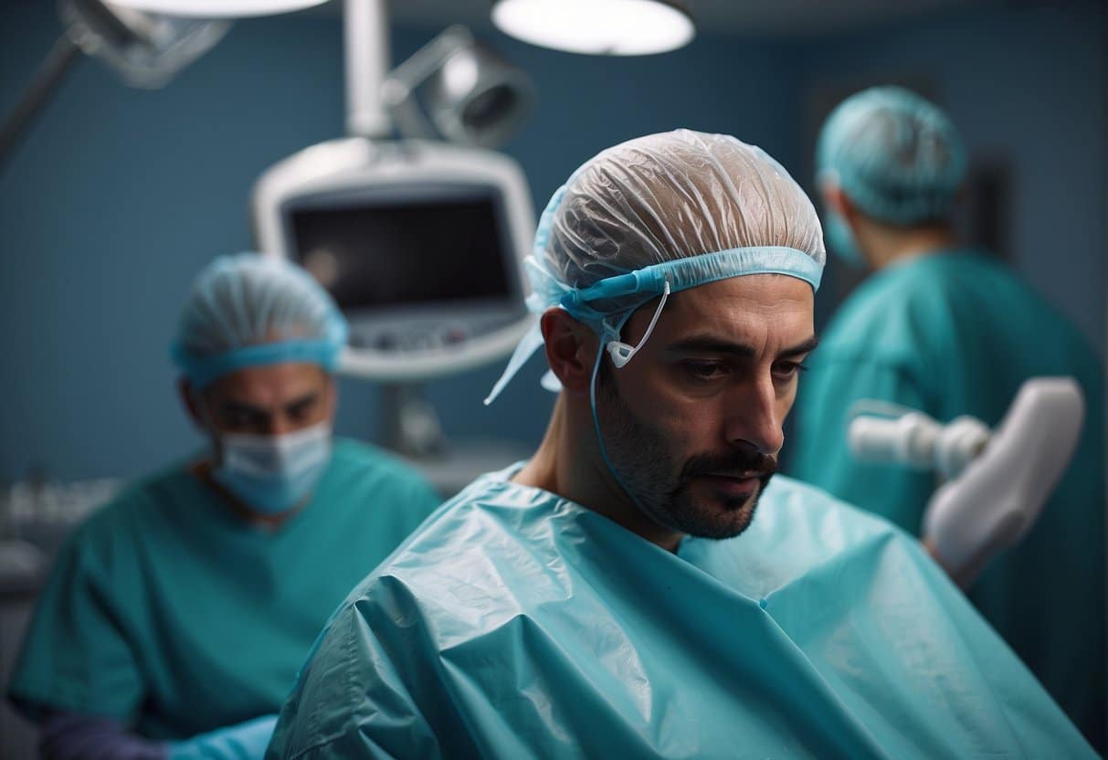 A surgeon performs a hair transplant procedure in a modern clinic in Turkey. Scalp and hair grafting tools are visible on the sterile operating table