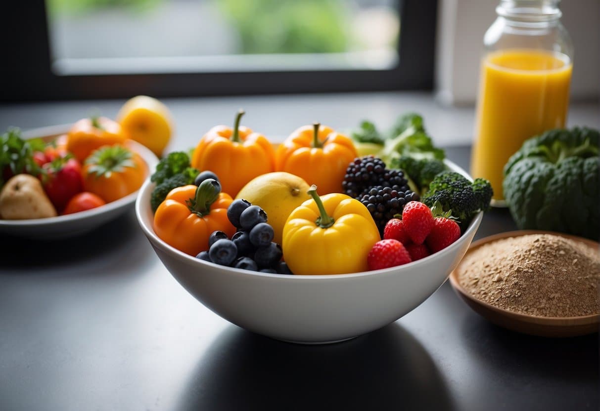 A bowl of fresh fruits and vegetables next to a bottle of fiber supplement on a clean, modern kitchen counter