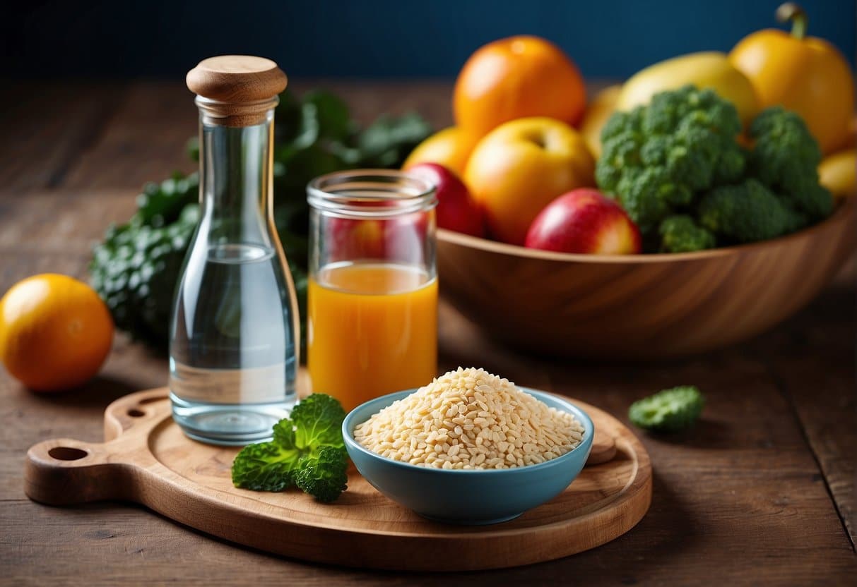 A bottle of fiber supplement surrounded by fruits and vegetables, with a measuring spoon and glass of water nearby