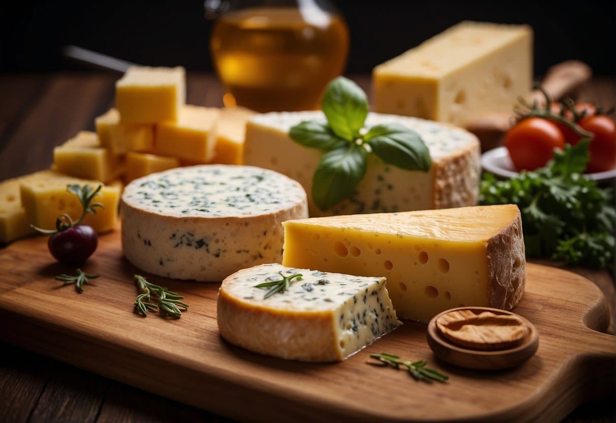 A variety of cheeses are displayed on a wooden board, accompanied by a pizza. A scientific journal on cheese is open nearby