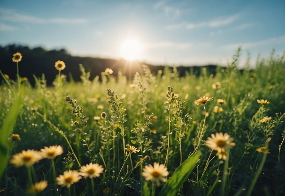 A lush green field with vibrant flowers and healthy crops, surrounded by a clear blue sky and a gentle breeze