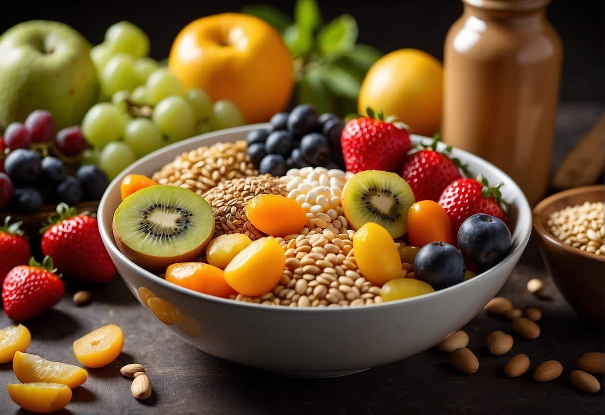 A colorful bowl of assorted fruits, vegetables, and whole grains with a prominent fiber supplement bottle in the background