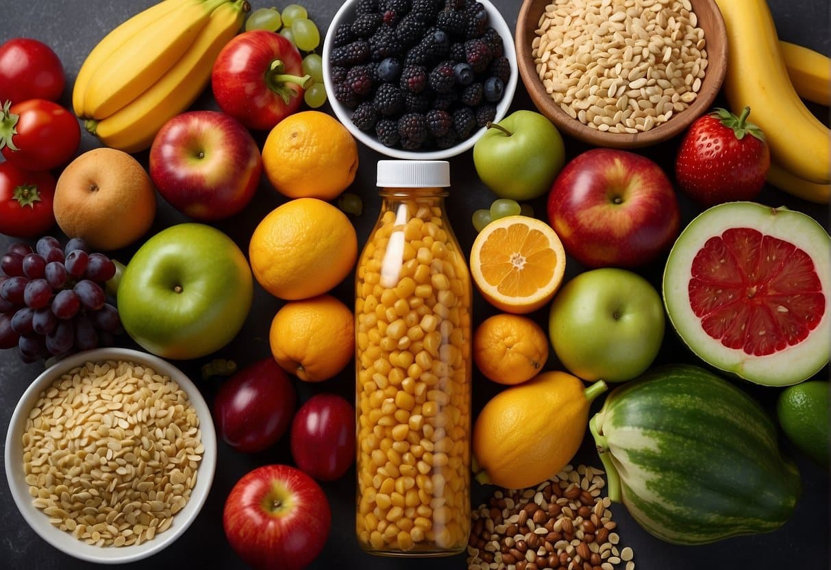 A colorful array of fruits, vegetables, and grains arranged in a bountiful display, with a prominent bottle of fiber supplement in the center