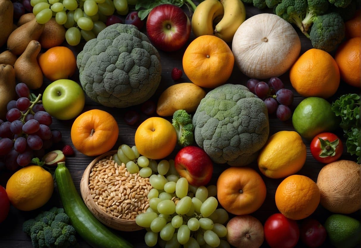 A colorful array of fruits, vegetables, and grains with the text "Hvad Er Fibre? Bedste Fibertilskud" displayed prominently