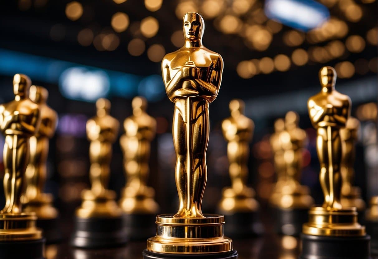 A golden Oscar statuette is surrounded by international film posters, symbolizing the history of the Best Foreign Language Film category at the Academy Awards