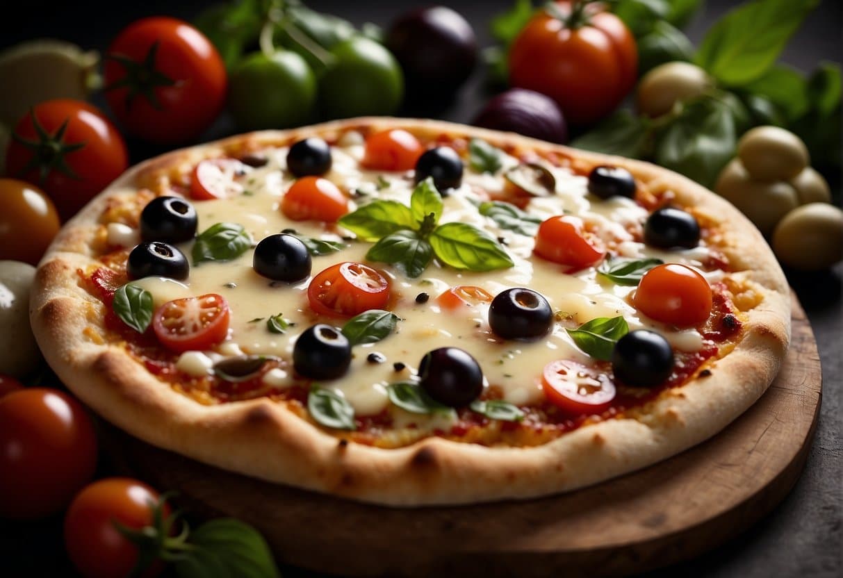 A pizza with a variety of gourmet cheeses melting and bubbling on top, surrounded by fresh ingredients like tomatoes, basil, and olives