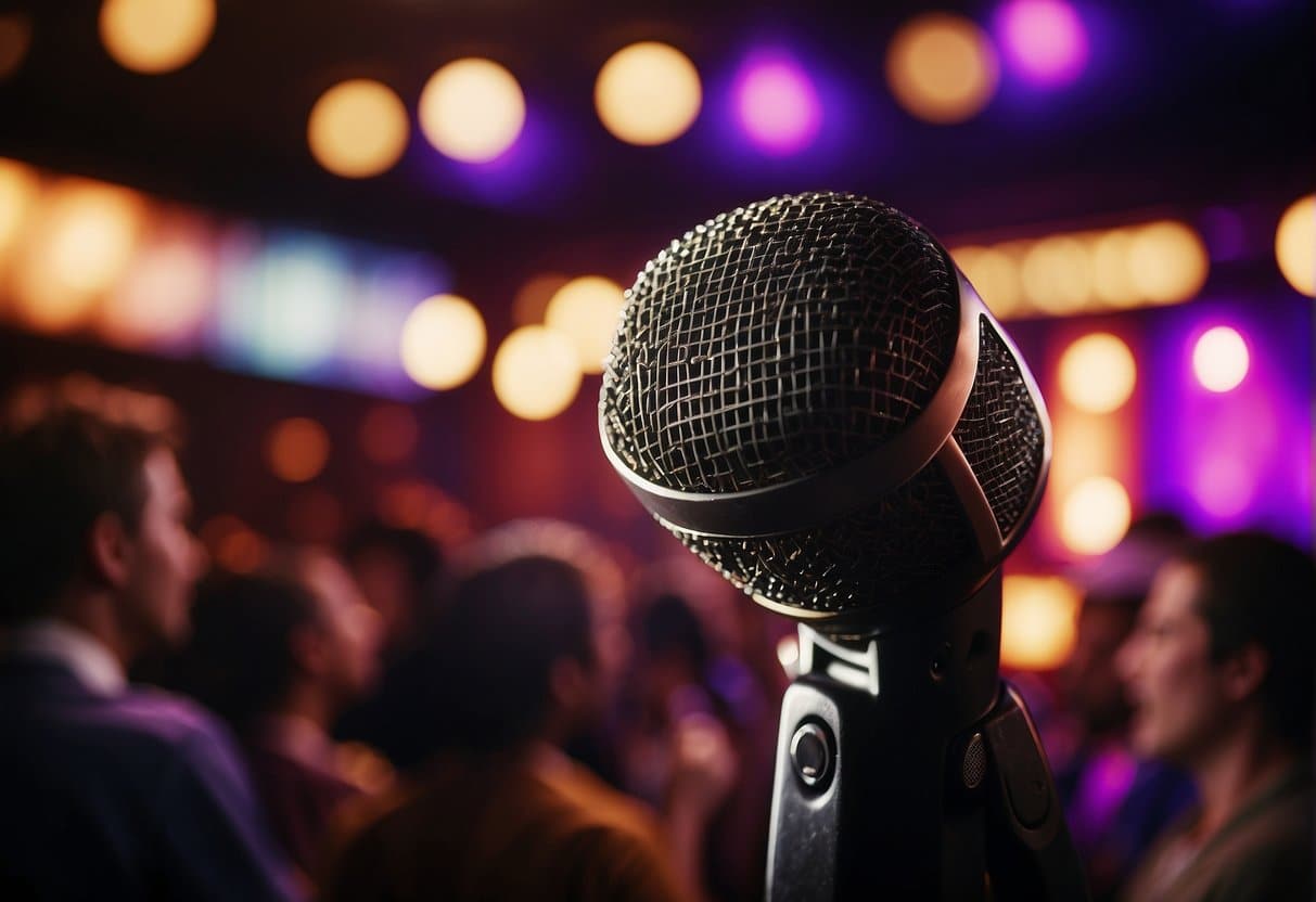 A lively karaoke bar with colorful stage lights and a diverse crowd singing along to popular music