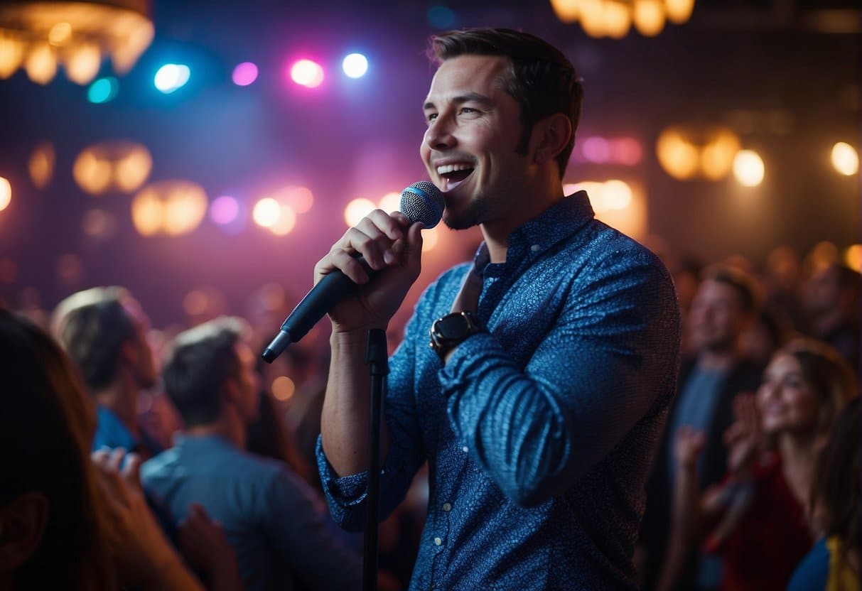 A colorful karaoke stage with flashing lights and a large screen displaying the words to popular songs. Crowd of people cheering and singing along