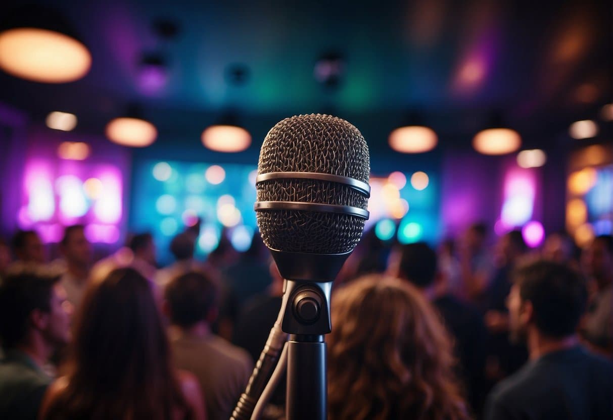 A crowded karaoke bar with colorful lights and a stage. Microphones stand ready, while people chat and laugh in the background