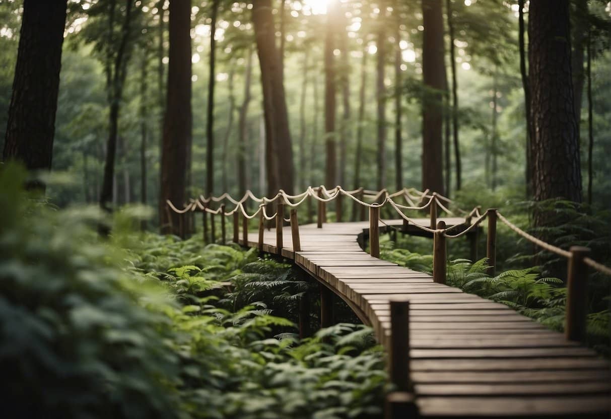 Lush green trees and sturdy wooden platforms in a serene forest setting, with ropes and obstacles weaving through the branches