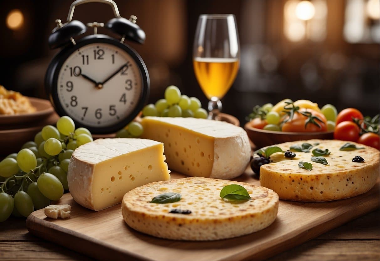 A table set with various types of cheese, pizza, and a clock showing the end of a meal