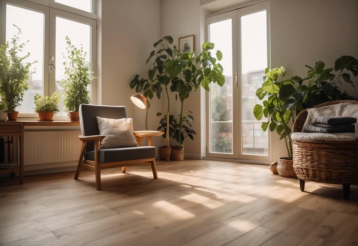 A spacious room with natural light, showcasing the seamless and durable Klikgulv flooring. The clean, modern design complements the room's aesthetic