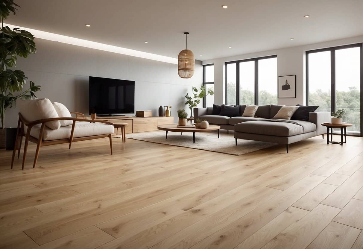 A room with a modern, click-lock flooring system. Clean, seamless planks in a light, natural wood color. No visible gaps or seams