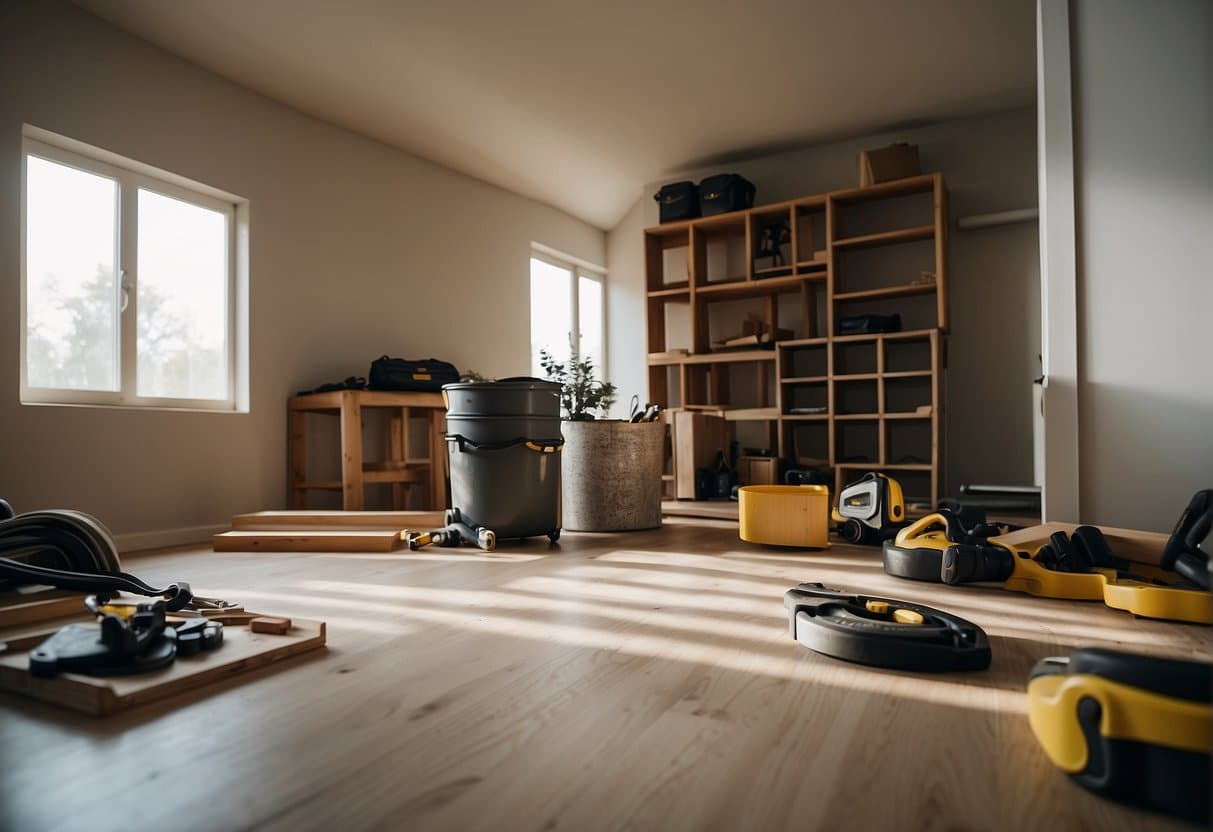 A room with tools and materials laid out for installing the best click flooring